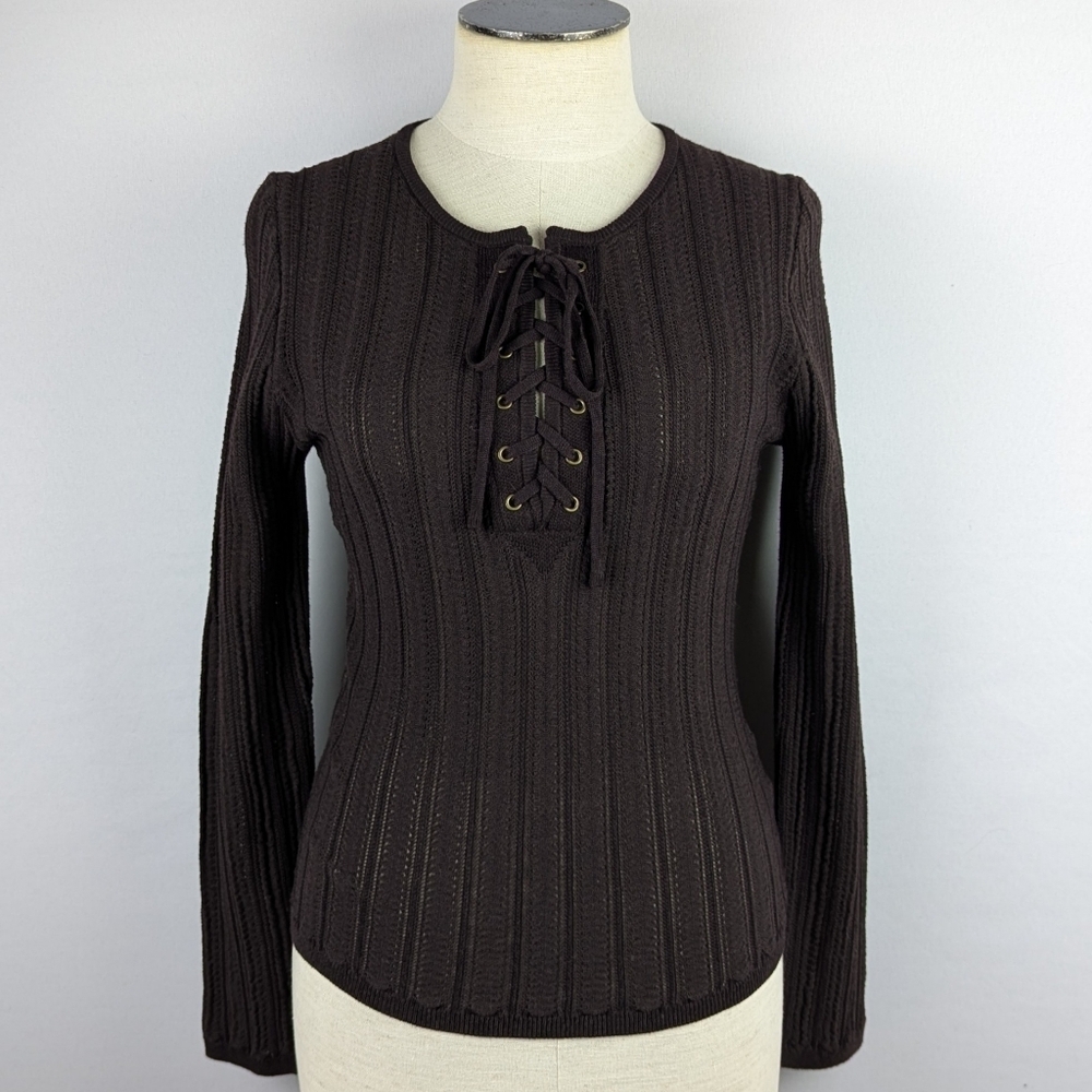 House Of Harlow 1960 Pointelle Rib Knit Sweater Top Lace Up Front Espresso M NWT